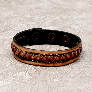 Retro brown braided leather bracelet for men with adjustable bronze snap fasteners