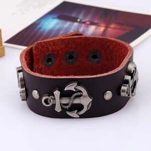 Punk genuine leather anchor bracelet with vintage metal studs and three adjustable snaps