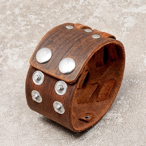 Retro wide brown leather punk bracelet with multi-layer texture and metallic studs