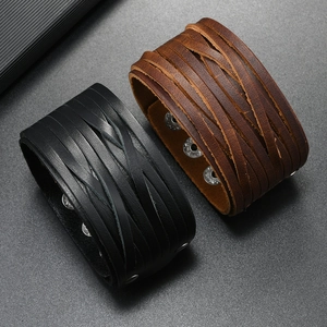 Mens vintage woven leather bracelets in black and brown with adjustable silver buckles