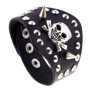 Men Punk Wide Cowhide Leather Bracelet With Silver Alloy Skull Rivet Studs Gothic Adjustable Snap Wrap Bangle Jewelry