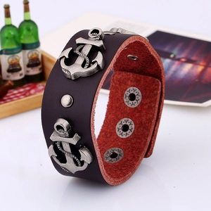 Punk vintage brown leather bracelet for men featuring silver anchor charms and metal studs