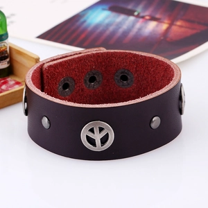 Punk leather bracelet with peace sign charm and adjustable metal snaps for men and women