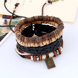 Ensemble de bracelets multicouches pour hommes en cuir tressé et perles bois avec breloque as