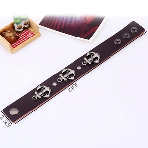 Men's punk leather bracelet with vintage silver anchor charms and adjustable metal buttons
