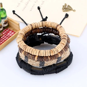Retro multi-layer woven leather bracelet set with wooden beads and hemp ropes for men