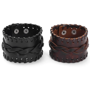 Retro punk woven leather bracelet set in black and brown with silver metal snap fasteners