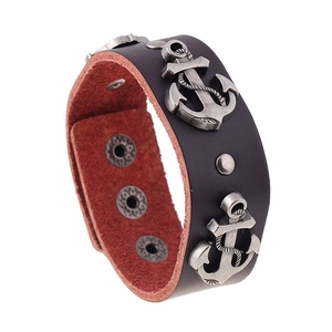 Punk Vintage Wide Cowhide Leather Bracelet For Men Alloy Anchor Rivet Wrap Bracelet Adjustable Metal Snap Jewelry Gift