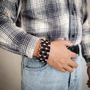 Brown wide leather cuff bracelet for men with silver metal rings in punk rock style