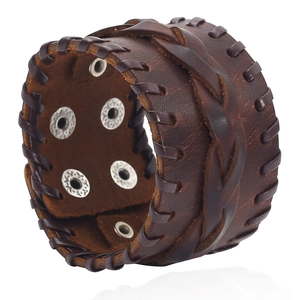 Punk vintage wide dark brown braided leather bracelet with silver metal eyelet buckle