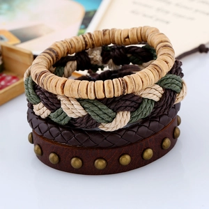 Multilayer vintage leather bracelet set with woven ropes, wood beads, and bronze rivets