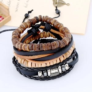 Men's retro braided multilayer leather bracelet set with wooden beads and metal charms