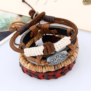 Close-up of retro woven leather bracelet set with wooden beads and adjustable cord