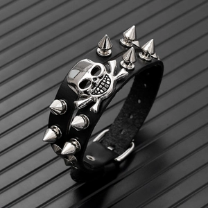 Punk black leather bracelet with double silver metal spikes and skull head charm