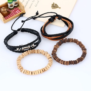 Men's retro braided leather bracelet set with wooden beads and silver cylinder charms