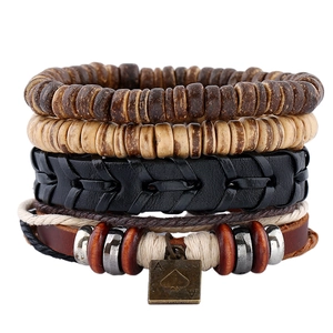 Ensemble de Bracelets en Cuir Rétro Fait à la Main pour Hommes Perles de Noix de Coco Corde de Chanvre Charme d'As de Pique
