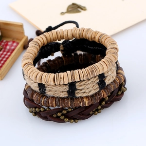 Men's retro multi-layer braided leather and wooden bead bracelet set on a white surface