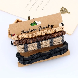 Set of 4 vintage leather and wooden bead bracelets with braided hemp in natural earth tones
