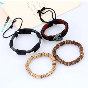Retro multi-layer bracelet set with braided leather, wood beads and hemp rope