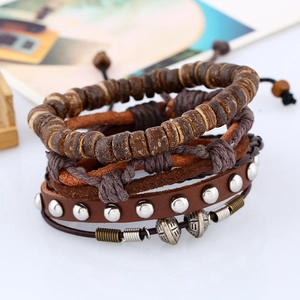 Retro multi-layer braided leather bracelet set with brown wooden beads and metal studs