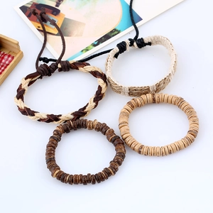 Retro Vintage 4er-Set geflochtene Lederarmbänder mit Holzperlen für Herren