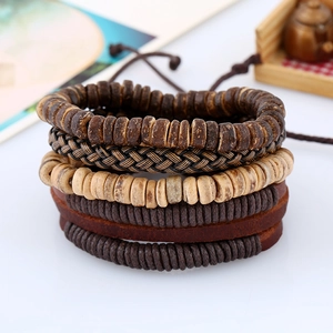 Five-piece vintage multilayer woven leather and wood bead bracelet set for men