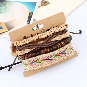 Bohemian multi-layer leather bracelet set with wooden beads and woven ropes on display