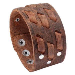 Vintage Unisex Wide Cowhide Leather Bracelet With Iron Rivets Punk Braided Adjustable Wristband Brown Retro Men Women Jewelry Gift