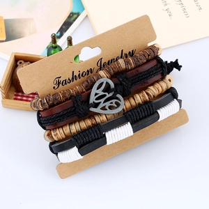 Men's retro multilayer leather bracelet set with wooden beads and a heart charm