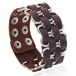 Punk Wide Leather Bracelet For Men Vintage Brown Cowhide Cuff Bracelet With Adjustable Metal Snap Buttons Rock Biker Jewelry