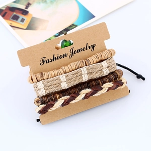 4-teiliges Set geflochtene Lederarmbänder für Herren mit Holzperlen im Ethno-Stil