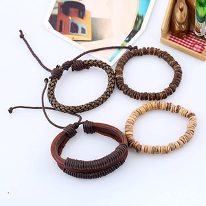 Retro handmade four-piece bracelet set with woven leather, wood beads and coconut shells