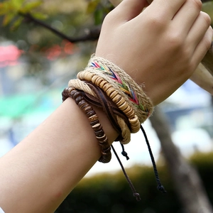Handmade multilayer leather bracelet set with wooden beads in bohemian ethnic style