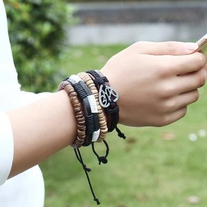Men's bohemian layered bracelet set with leather, wood beads and woven hemp rope