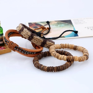 Retro multi-layer bracelet set with braided leather, hemp rope and coconut shell beads