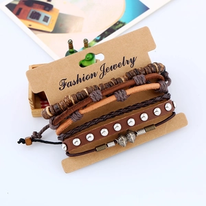 Vintage multilayer woven brown leather bracelet set with beads and metal charms