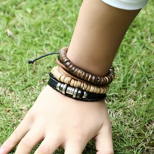 Men's retro multilayer braided leather bracelet set with wooden beads and metal details