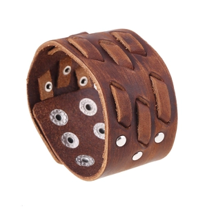 Vintage brown leather punk bracelet with woven patterns and adjustable metal snap buttons