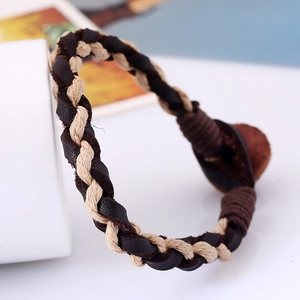 Retro woven leather bracelet with dark brown leather cords and cream hemp rope with wood button