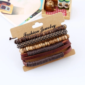 6-piece bohemian men's multi-layer bracelet set with wood beads and woven leather straps