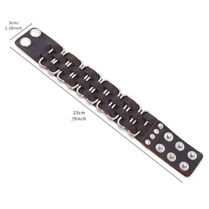 Brown leather punk bracelet for men with silver metal rings and snap buttons