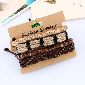 Retro 4-piece set of men's woven leather bracelets with wooden beads and coconut shells
