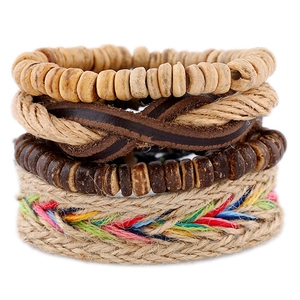 Handmade Woven Cowhide Leather Bracelet For Men Women Bohemian Coconut Shell Beads Hemp Rope Multi Layer Wrap Bracelet Gift