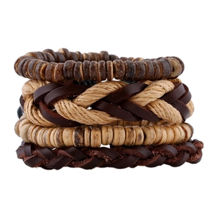 Vintage Uomo Pelle di Vacca Bracciale Intrecciato Fatto a Mano Perline Legno Corda Canapa Bohémien Impilabile Gioielli