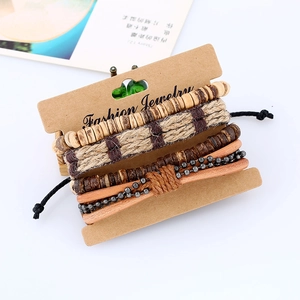 Men's retro layered bracelet set featuring braided leather, wood beads and hemp rope