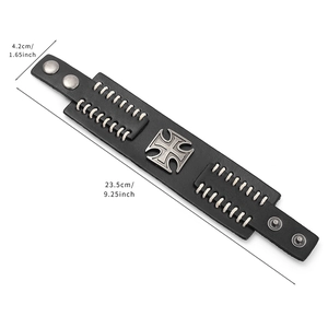 Punk wide black leather bracelet with cross metal ornament and braided cords