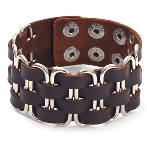 Men's punk brown leather bracelet with silver metal rings and adjustable snaps