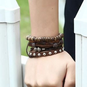 Men's retro multi-layer braided leather bracelet set with wooden beads and metal studs