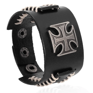 Punk style wide black leather bracelet with metal cross and braided stitch edges