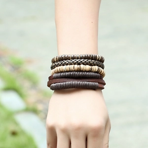 Men's retro multilayer leather bracelet set with wooden beads and woven hemp rope